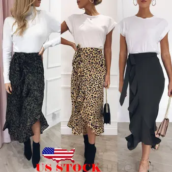 

Hot Sale 2019 New Slim Fashion Casual Women Leopard Print Boho Wrap Over Aysmmetric Loose Skirt Summer High Waist Midi Skirts