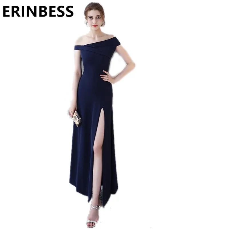 

Женское вечернее платье, темно-синее платье с вырезом лодочкой и коротким рукавом, с высоким разрезом, для выпускного вечера, для особых случаев