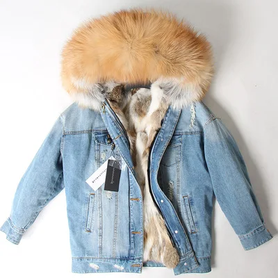Зимняя куртка для женщин натуральный мех пальто парка енота воротник кролика рекс лайнер бомбер джинсовая Уличная мода - Цвет: color 5