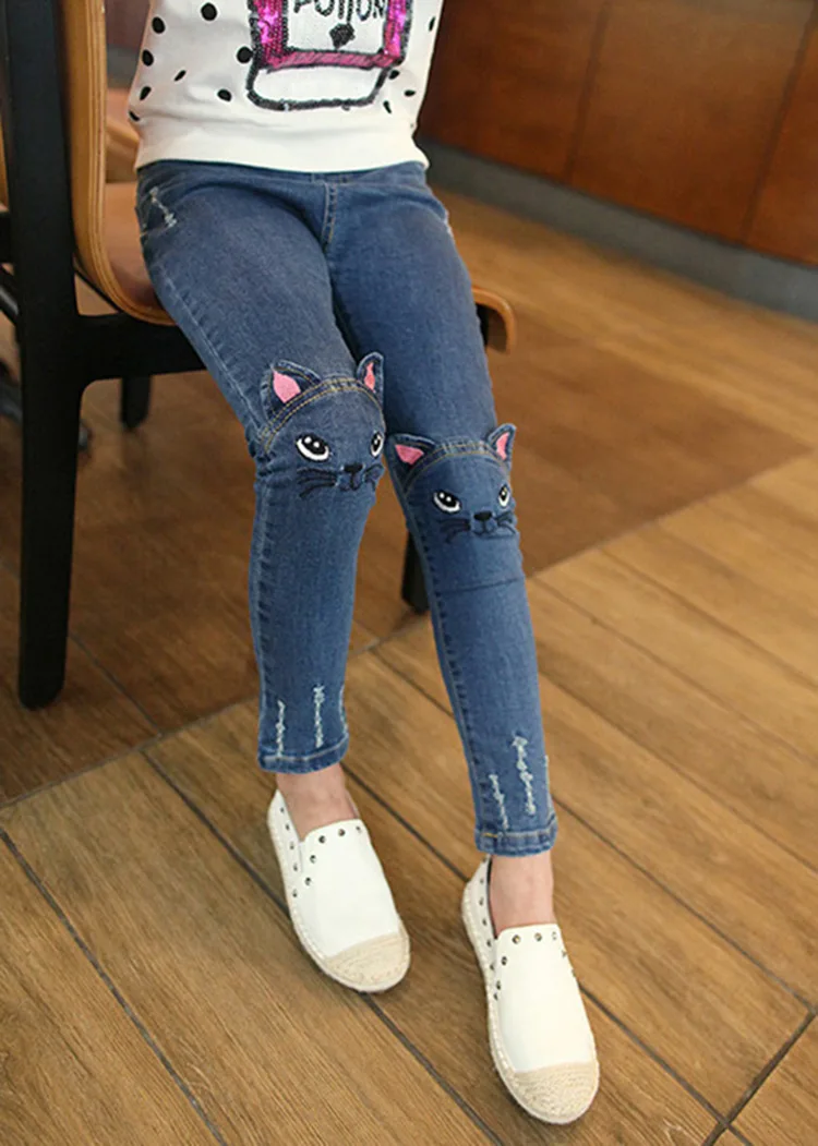 Новые модные джинсы для девочек с рисунком кота; леггинсы для девочек на весну-осень; детские узкие брюки; детские брюки; Pantalon Fillette