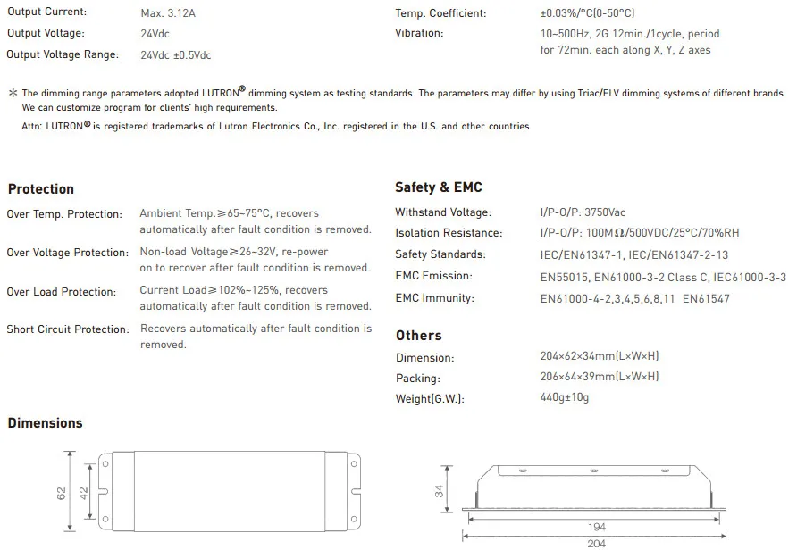 Светодиодный драйвер Triac Dimming TD-75-24-E1M1; Triac/ELV, Push Dim; AC100-240V вход; 24 В/3,7а/75 Вт Выход Светодиодный драйвер питания Triac