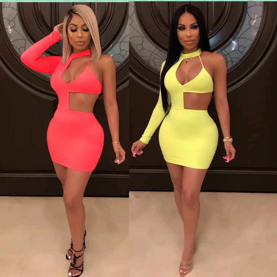 

2019 One Shoulder Sexy Club Bodycon Party Halter Cut Out Mini Long Sleeve Tight Dresses Summer Women Clothing Vestidos Party