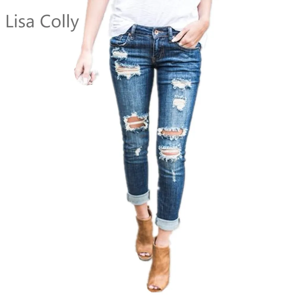 Lisa Colly New Fashion Women hole ripped jeans women High