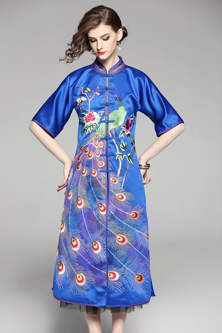Китайский стиль с коротким рукавом, вышитый павлином, воротник-стойка с пряжкой, длинный тренч для женщин