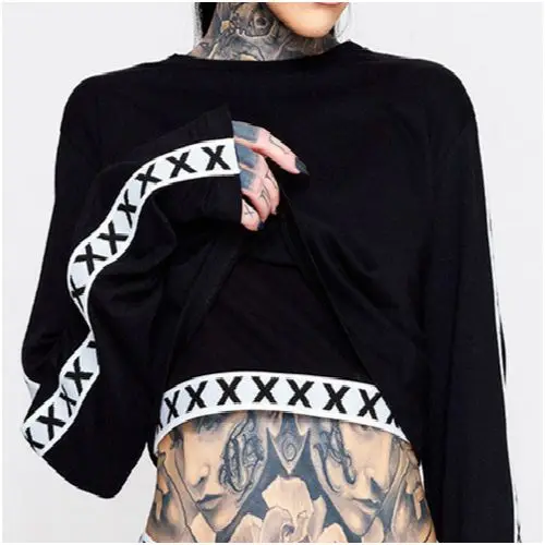 

Autumn Spring O-Neck Long Sleeve Crop Top Women Sexy X Letter Printed Short Tops Solid Cropped Punk Gothic Punk Style Shirt