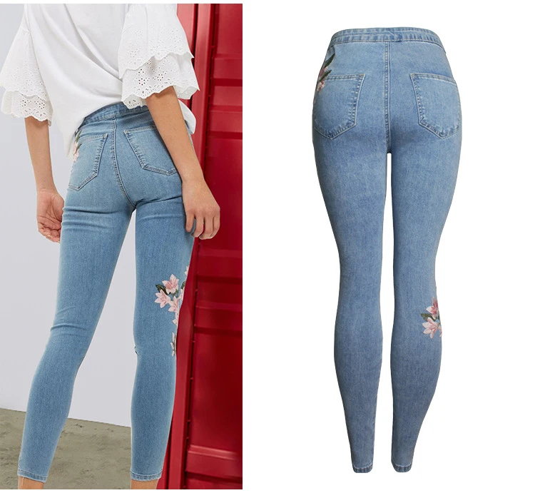 Демисезонный обтягивающие джинсы женские Высокая Талия Вышивка Slim Fit Для женщин зауженные джинсы стрейч Повседневное длинные джинсовые брюки для продажи