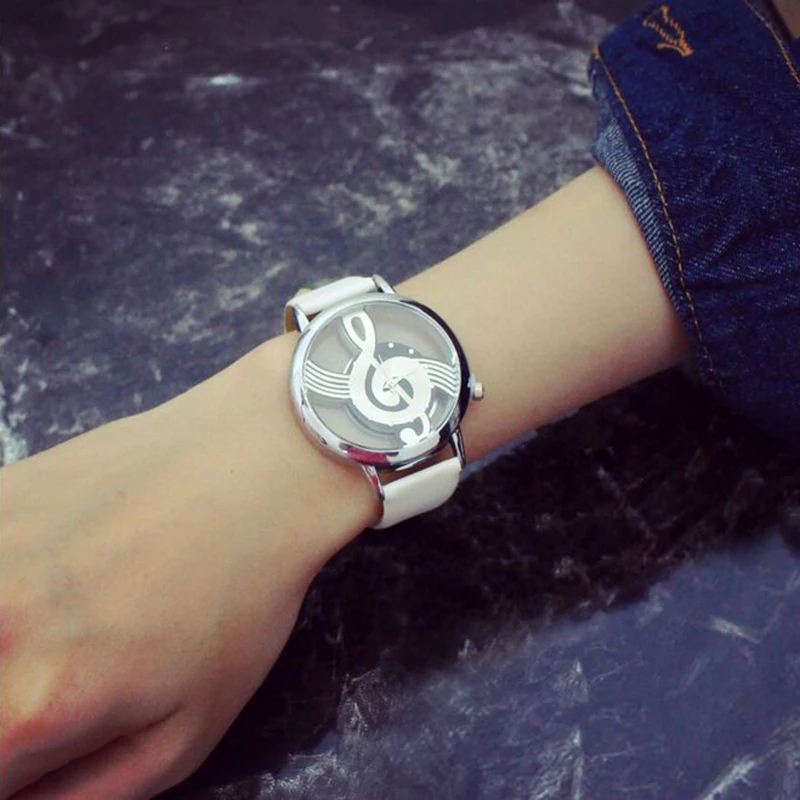 Shellhard Fashion PU Band Stainless Steel Analog Quartz Casual Watch Notation Hollow Music Men Women Wrist Watch Montre Femme