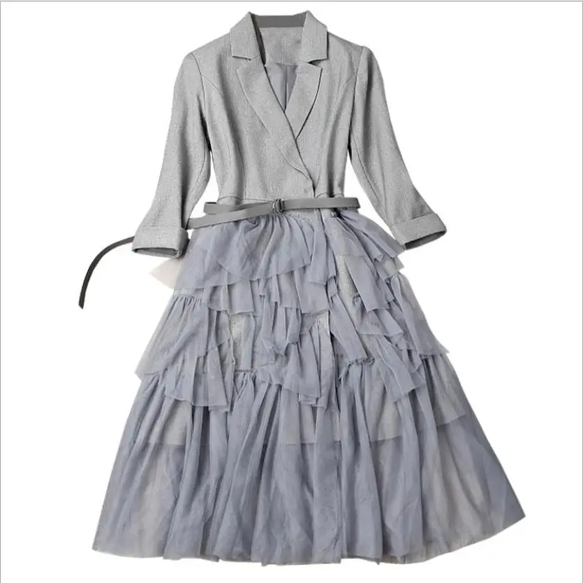 

2019 New Spring Elegant Office Lady Dress Fashion Designers Women Notched Collar Mesh Patchwork Blazer Dress Casual Party Dress