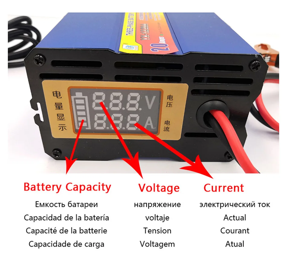 12 V 20A Автоматический Автомобиль Мотоцикл трехколесный велосипед лодка свинцово-кислотный гелевый Аккумулятор AGM зарядное устройство ЖК-дисплей напряжения тока 12 V вольт 20 A AMP