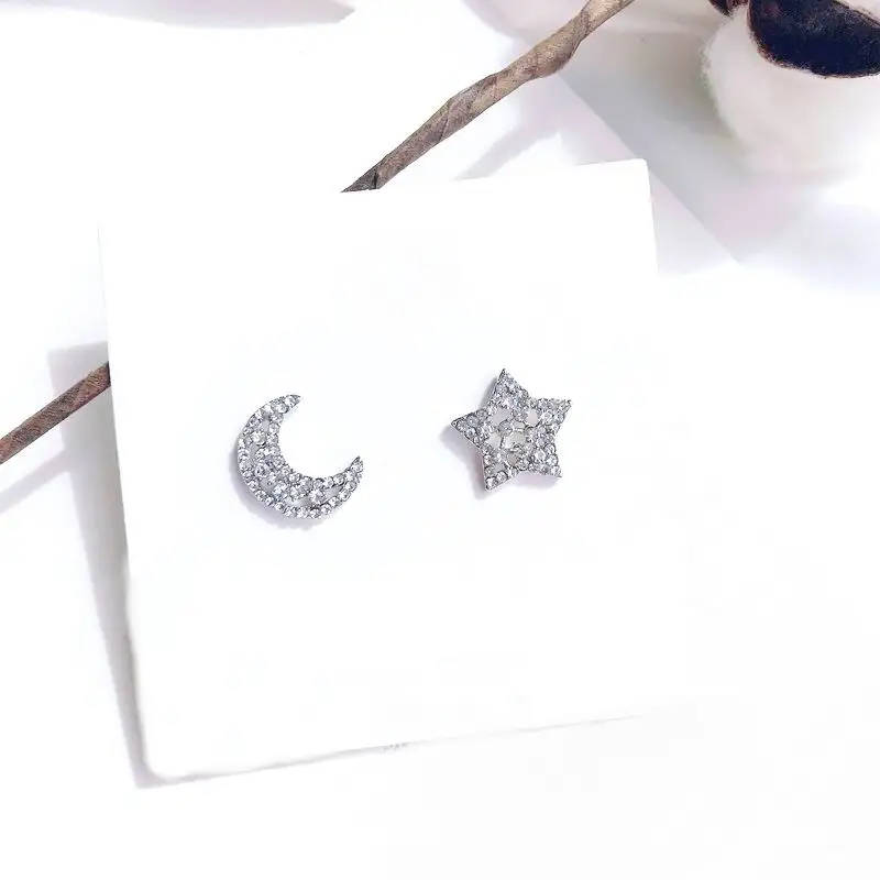 silver color Корейские стразы звезда луна серьги стержня для Для женщин простые серьги AB Мода ювелирные изделия оптом - Окраска металла: silver color