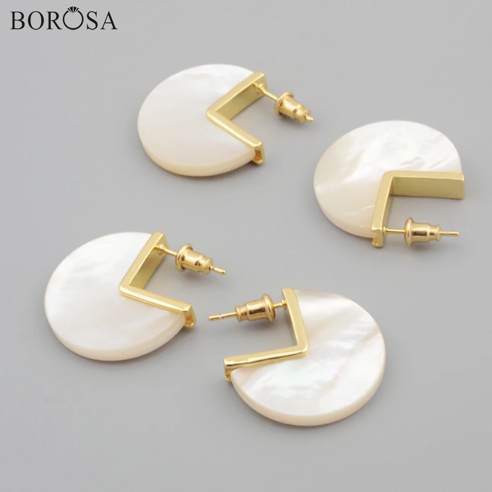 

BOROSA Custom Design 5Pairs New Arrival Gold Color 24x4mm Natural White Shell Slice Stud Earrings Jewelry for Lady ZG0422