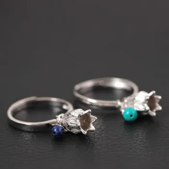 

S925 Sterling Silver Rings for Women Creative Retro Hollowed Small Flowers Ring Female Natural Lapis Lazuli Ring Fine Jewelry