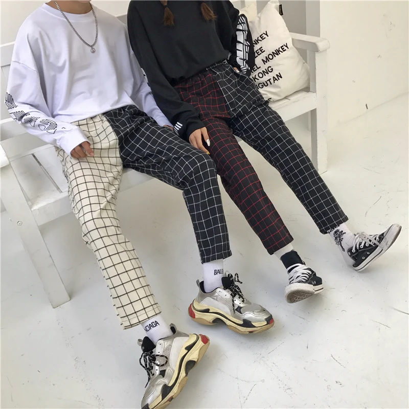 Korea ulzzang Harajuku pants summer lattice personality stitching Vintage plaid casual nine pants couple hip hop fun new pants