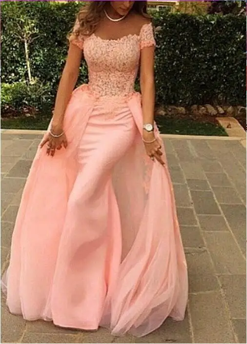 2016 Pink Chiffon Short Sleeves Prom Dresses Off the Shoulder with lace