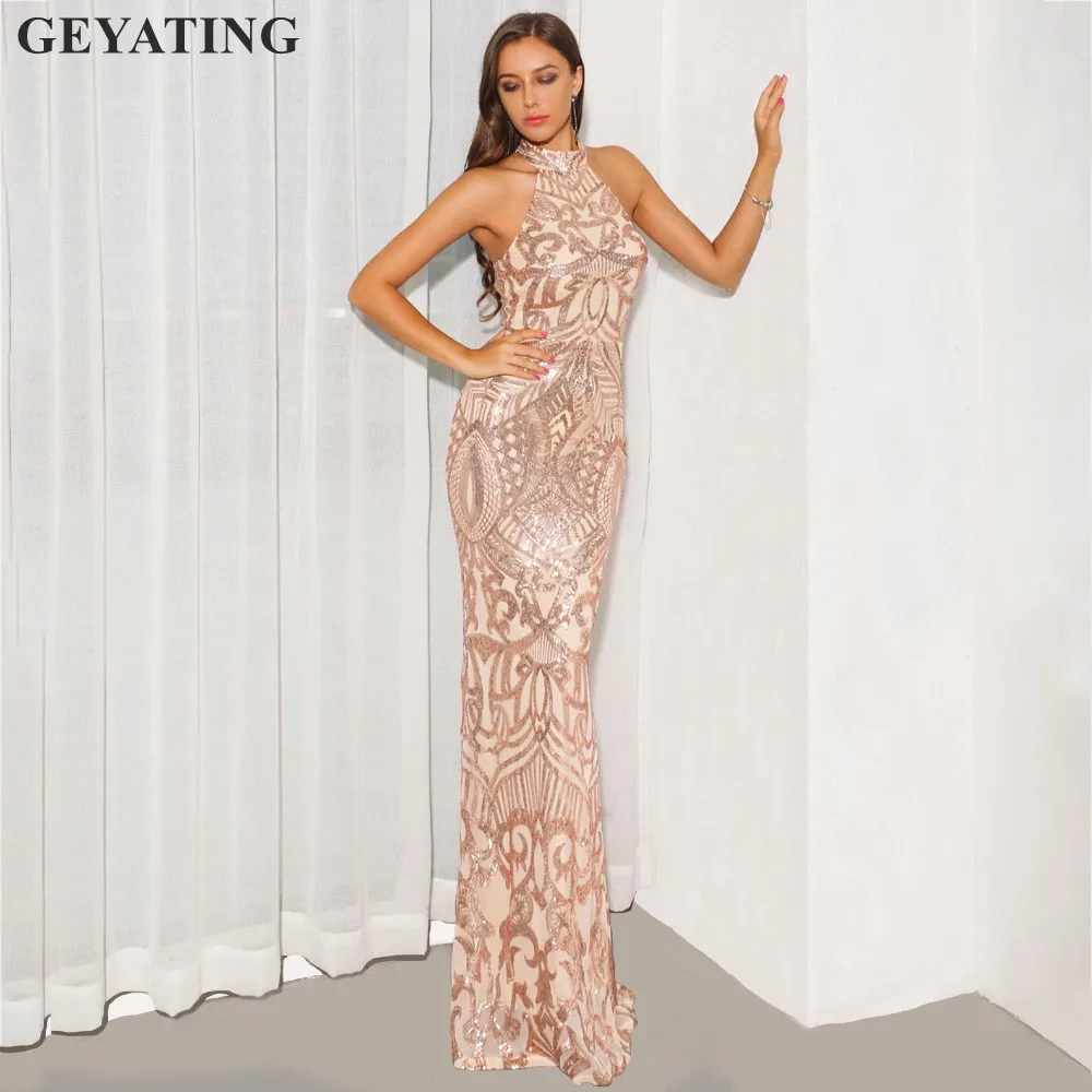 Arabic Gold Sequins Mermaid Evening Dress Long 2019 Elegant Off Shoulder Halter Women Formal Dress Party Prom Dresses in Stock
