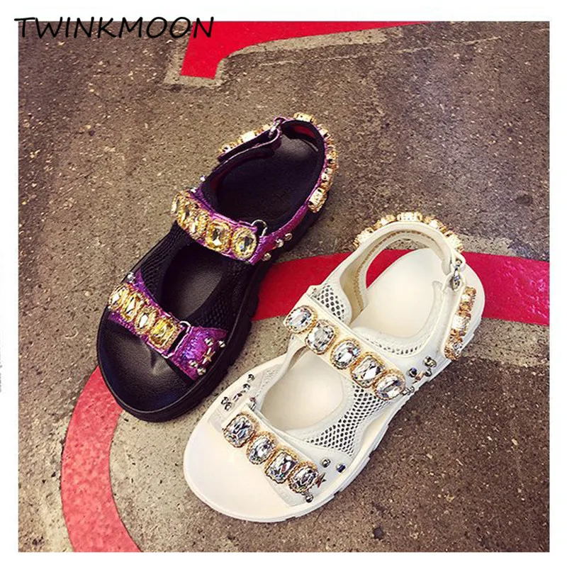 Big Rhinestone Chunky Sandal Women Platform Crystal 2019 Summer Ladies Shoes Thick Sole Height Increasing Mesh Casual Sandal
