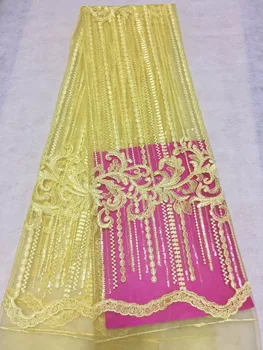 

New French Nigerian yellow sequins net lace,African tulle mesh gold line lace fabric high quality for wedding dress 5yards/lot