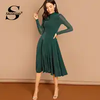 Sheinside グリーンモックネックグリッター女性ミディドレスエレガントなフィット & フレア長袖ドレス 2018 膝丈の女性パーティードレス