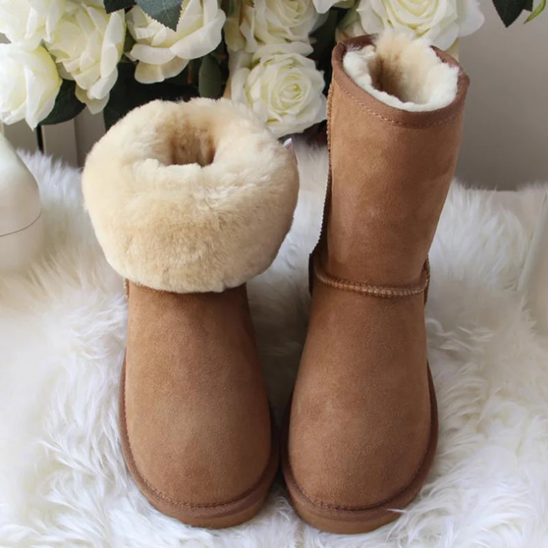 

Top Quality 2018 New Fashion Real Wool Mujer Botas Genuine Sheepskin Leather Snow boots Natural Fur Winter Shoes For Women