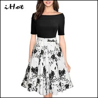 IHOT-Summer-Women-Half-Sleeve-Slash-Neck-Black-White-Floral-Printed-Elegant-Ladies-Swing-Skater-midi