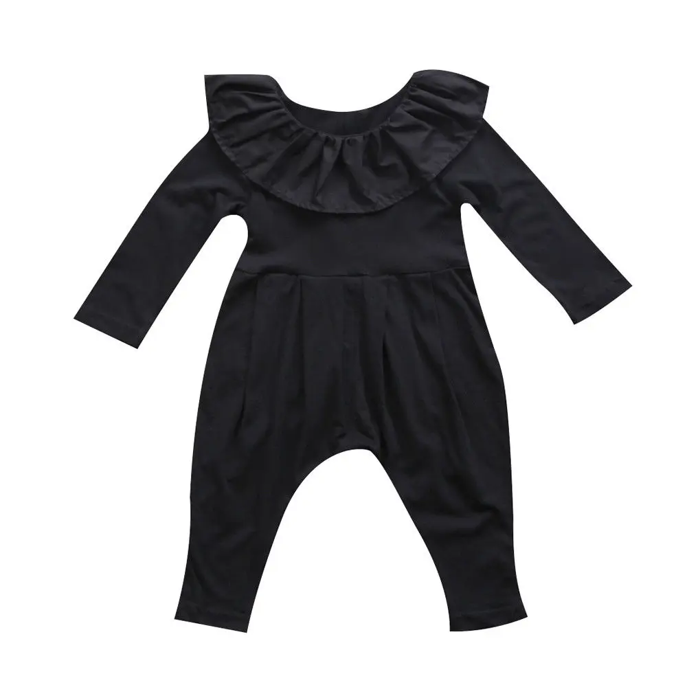 

Newborn Baby Girl Ruffle Collar Long Sleeve Romper Harem Pants Clothes Autumn Black Jumpsuit