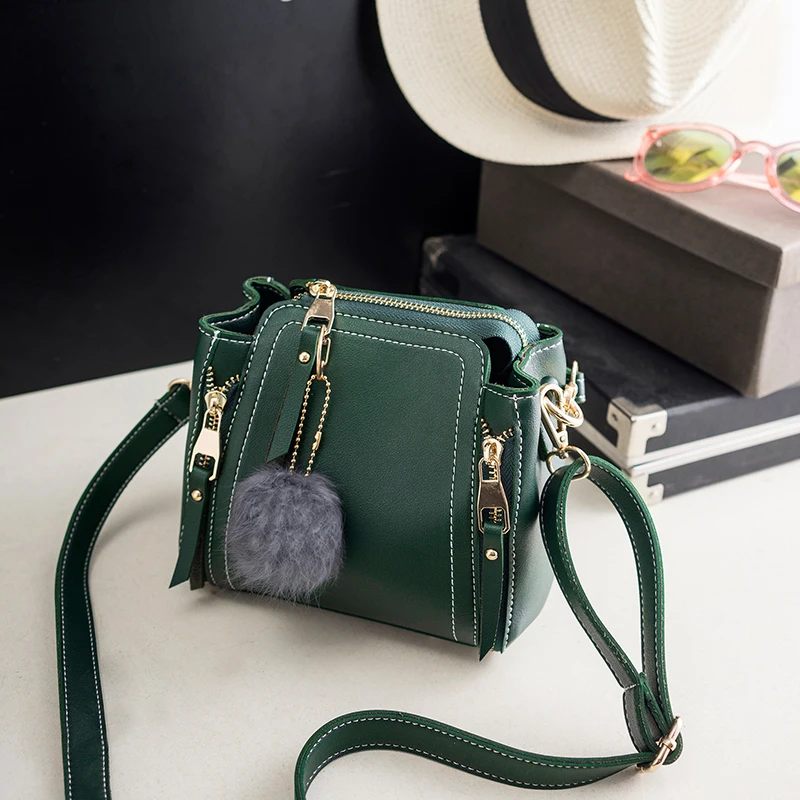 Bolish Women Vintage PU Hairball Shoulder Bag Female Causal Daily Shopping Handbag Lady All-Purpose Style Solid Crossbody Bag