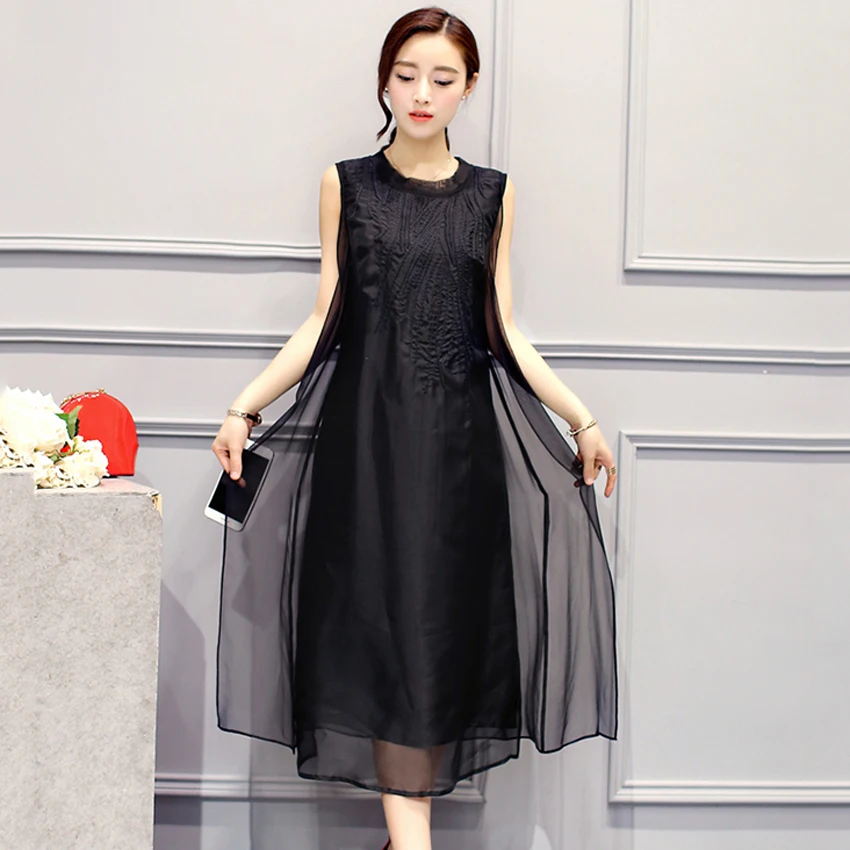 New Fashion Solid Women Tank Dresses Summer Floral Embroidery Loose