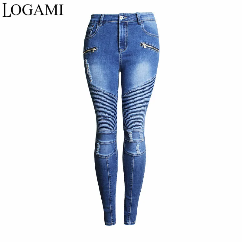 

LOGAMI Elasitc Skinny Jeans Woman Zipper Pleated Women Denim Pants Trousers Jeans Femme
