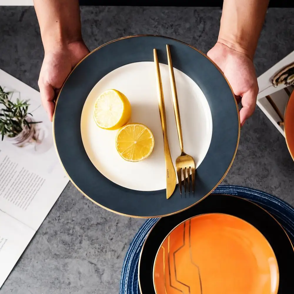 8 And 10.5 Inch Luxury Color Ceramic Dinner Set Gold Inlay Dinner Plate