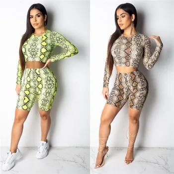 

Snake Print Sexy 2 Piece Set Women Long Sleeve Top and Shorts Set Club Outfits Summer Two Piece Short Set Casual Tracksuit Suit