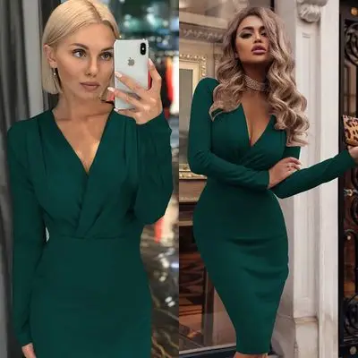 

New Deep V-pleated hip-wrapped dress with long sleeves in autumn and Spring Casual Party Work