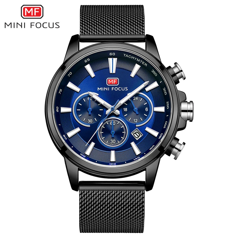 

MINI FOCUS 24 Hour Quartz Watch Men Luxury Blue Mesh Strap Chronograph Wristwatch Top Brand Relogios Masculino Clock Man MF0142