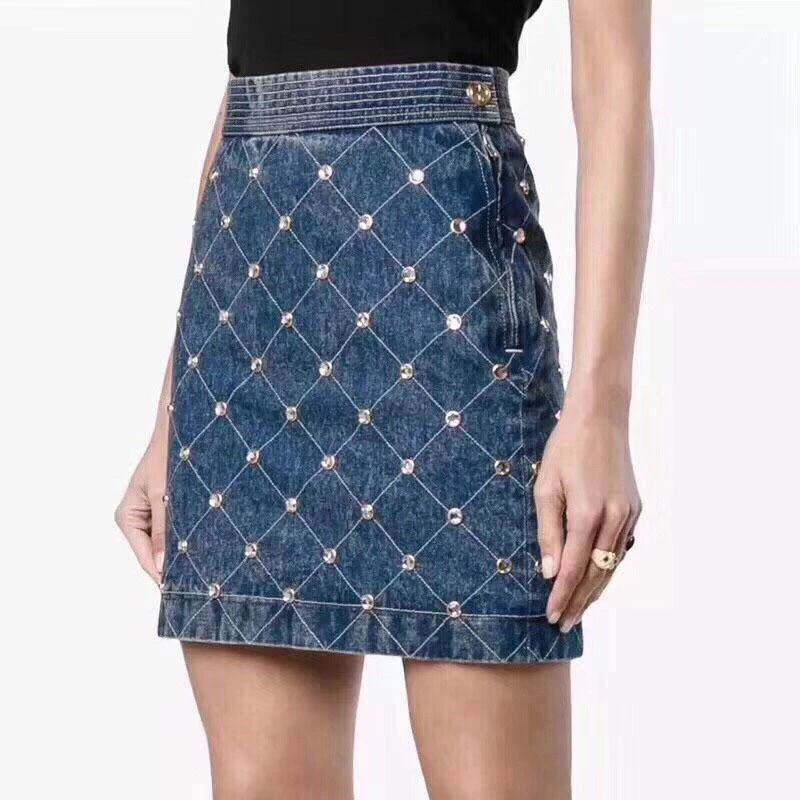 

Beading Diamond Plaid Woman Blue Mini Denim Skirt 2018 New Arrival Autumn Shining Diamond Plaid High Waist Sequined Short Skirt