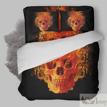 

Halloween Bedding Set Polyester Fire Skeleton Printed Bedding Fire Skulls Bedding Set Comforter Cover Set US Twin Full Queen