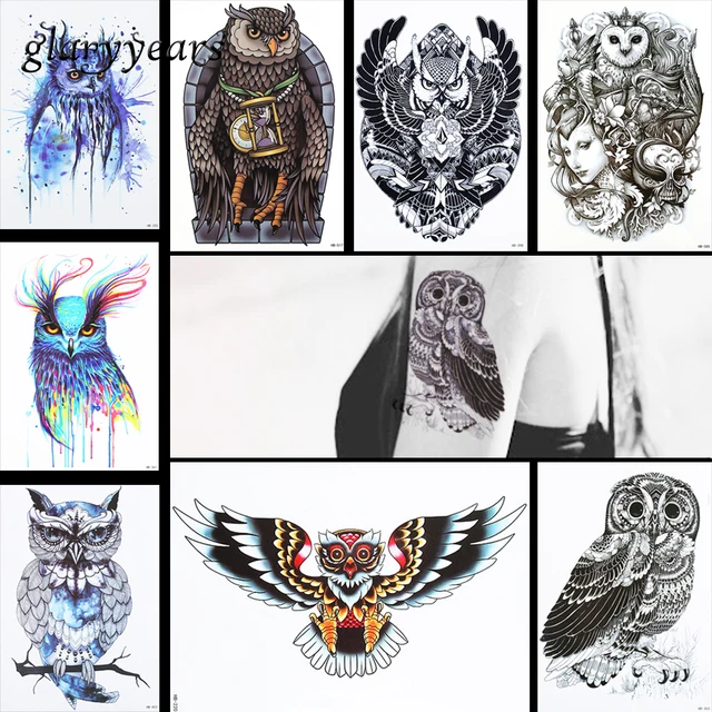 8 Sztuk Sowa Wzór Projektu Tattoo Naklejki Tymczasowe Czaszki Zegar
