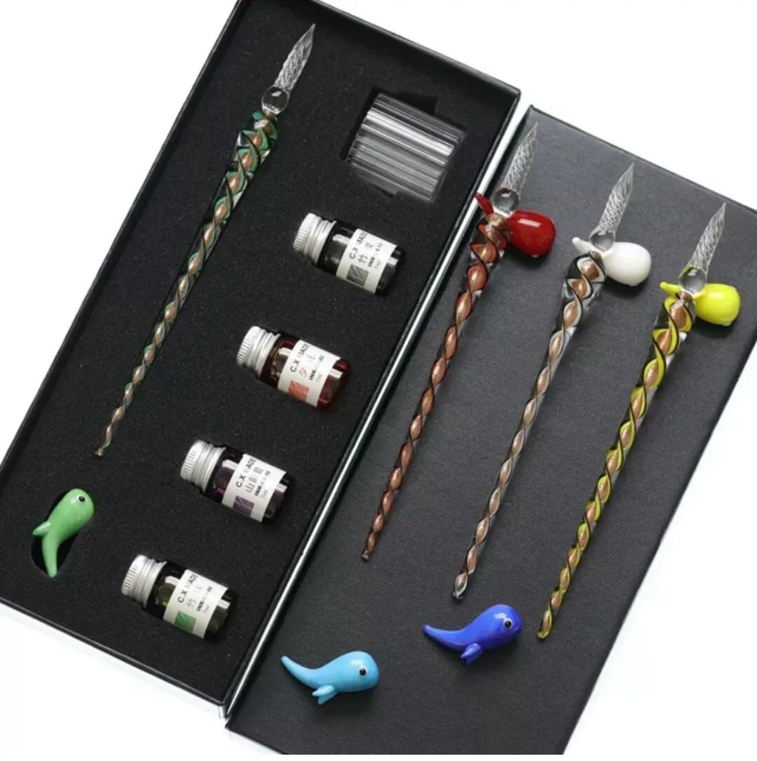 

glass fountain pen, glass dip pen with gift box painting color ink pen set gift for friends and students