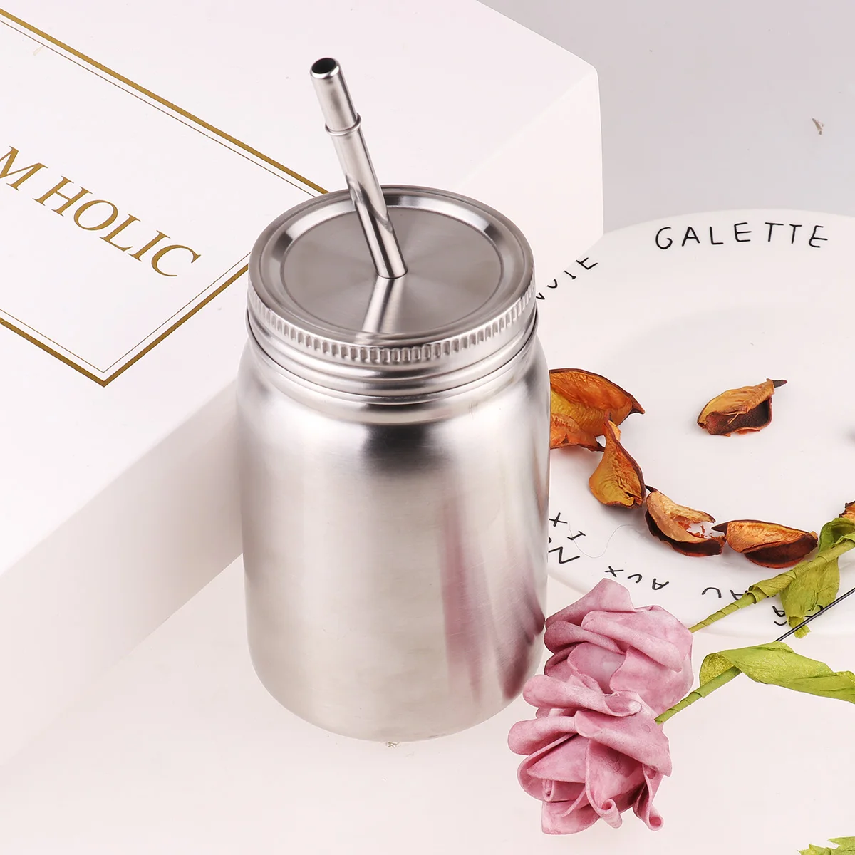 

Unbreakable Stainless Steel Single/Double Walled Dishwasher Safe Mason Jar with Lids and Straws Drinkware with Straw Hole