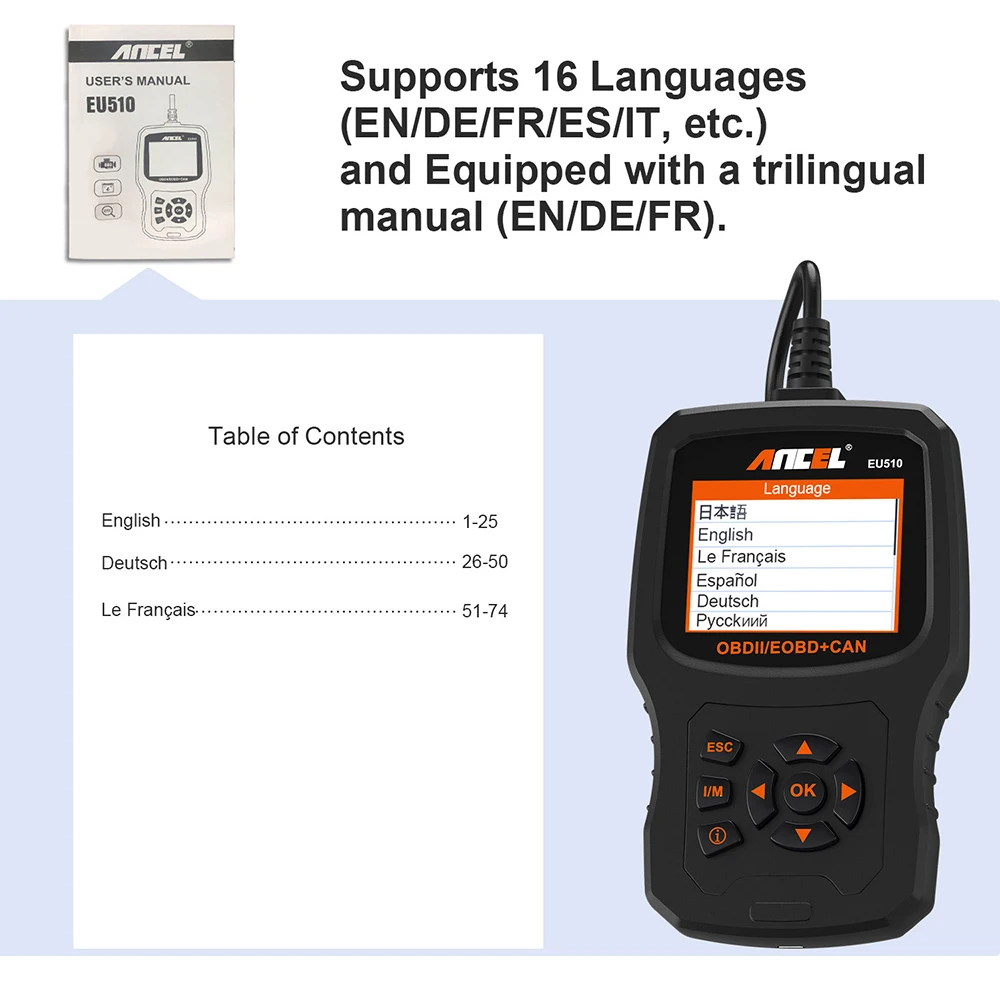 Ancel EU510 OBD2 сканер для Citroen, peugeot, renault 15 язык код двигателя ридер OBD ODB2 автомобильный диагностический инструмент