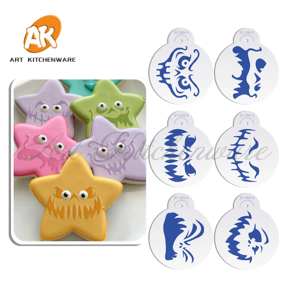 

6pcs/set Halloween Ghost Face Fondant Cake Decorating Stencil Party Cake Stencil Candy/Cookie Tops Stencil Template Cake Tool