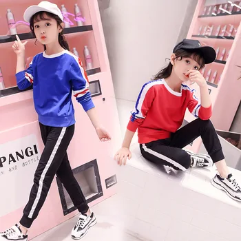 

Girls Clothes 2019 New Girl Clothing Set Long Sleeve Fashion O-neck Patchwork Ribbon Sweatshirt Pants Two Pieces Suit