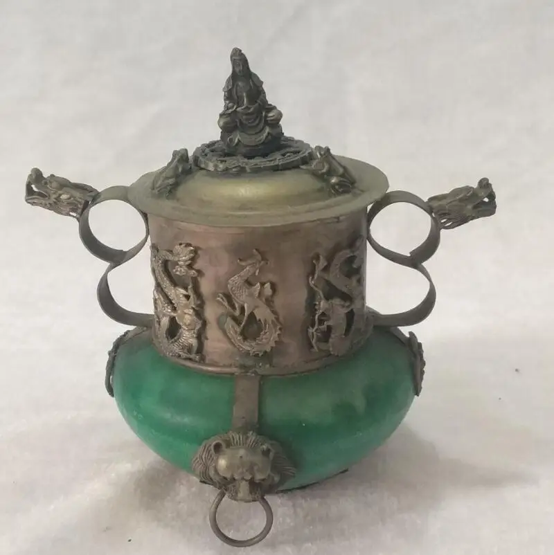 

Collection Tibet silver Handmade jade stone incense burner ,home decoration antique Metal censer