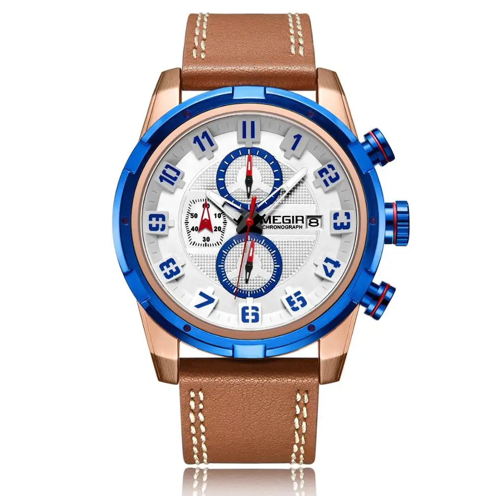

MEGIR Men's Watch Calendar Watches Blue Frame 2019 Waterproof Watch Men Leather Business Luxury Watches Sport Reloj Hombre