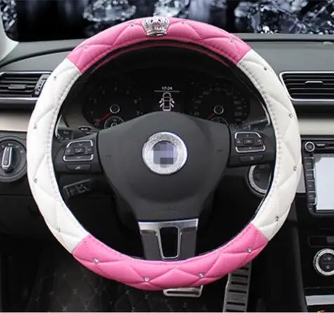 Двухцветные чехлы на руль, кожа, корона, кристалл, женские автомобильные чехлы на руль для женщин, девушек, автомобильные аксессуары для руля - Название цвета: white pink