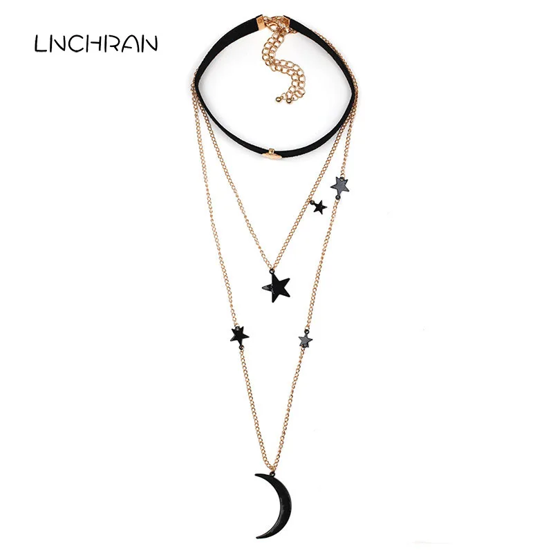 Leather Chocker Multi Layers Chain Moon and star charm Necklace Chokers