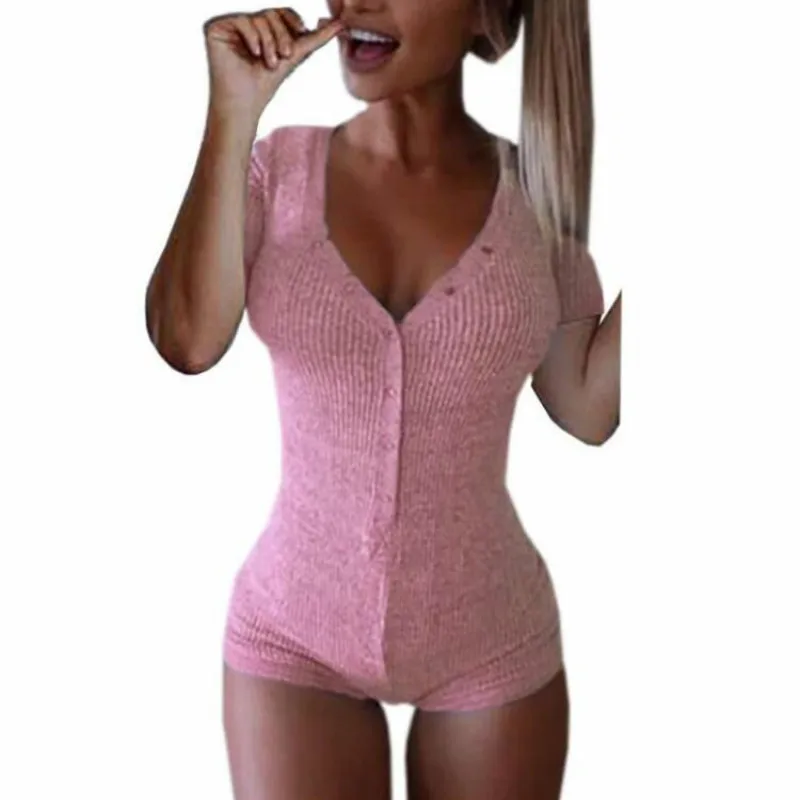 

Women Rompers 2019 New Sexy Bodysuit Lady V Neck Long Sleeve Bodycon Jumpsuit Slim Button Short Femme Body Cotton Romper GV282