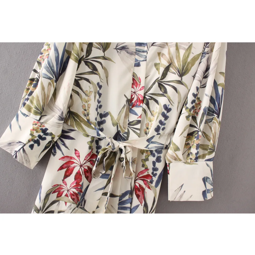 Women Ethnic Flower Print With Sashes Kimono Shirt Retro New Bandage Cardigan Blouse Tops Blusas Chemise Femme Blusa
