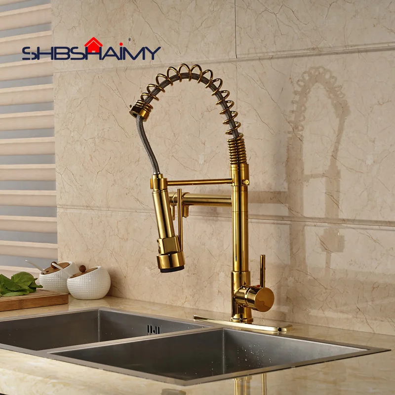 

Golden Pull Down Spring Kitchen Faucet Dual Spouts 360 direction Shower Kitchen Mixer Crane Hot Cold 2 Outlet Spring Tap