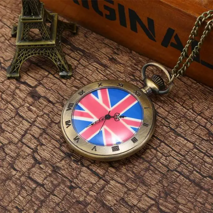 Антикварный Юнион Джек Британский флаг дизайн кварцевые карманные часы кулон ожерелье цепь часы подарок LXH