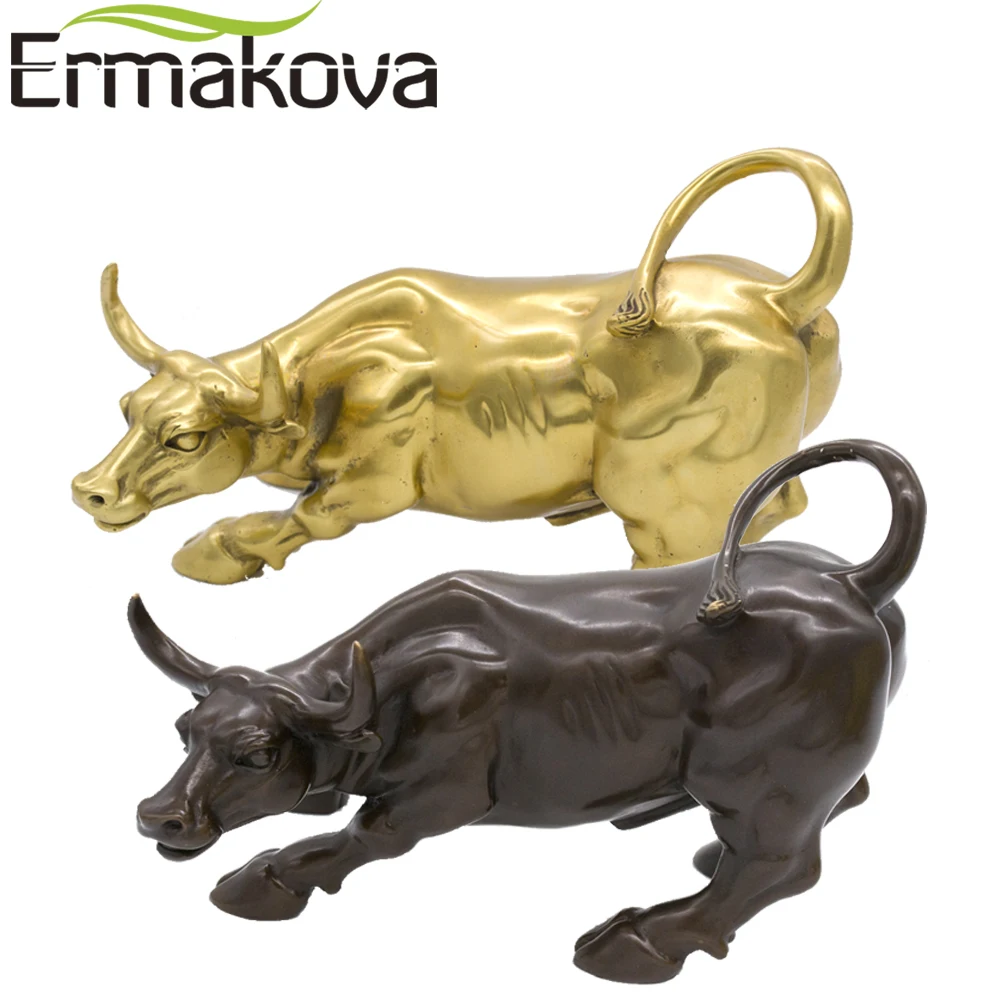 ERMAKOVA 19cm (7,4 ") Mosazná Wall Street Bull Ox Figurka Nabíjení Akciový trh Bull Socha Feng Shui Socha Dekorace pro domácí kancelář