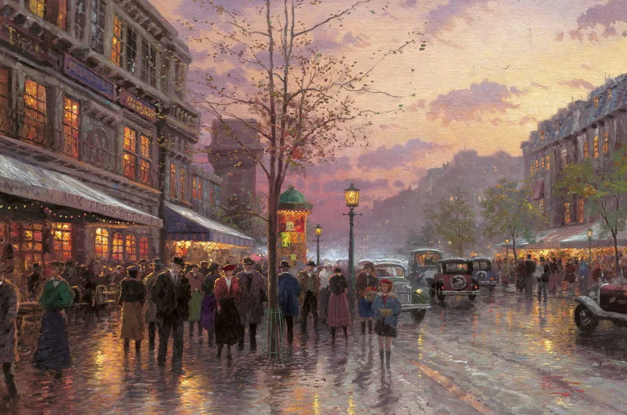 

Thomas Kinkade Landscape Art Boulevard Lights Paris Beautiful Lake Homes Canvas Picture Restaurant Decoration Cheap Art